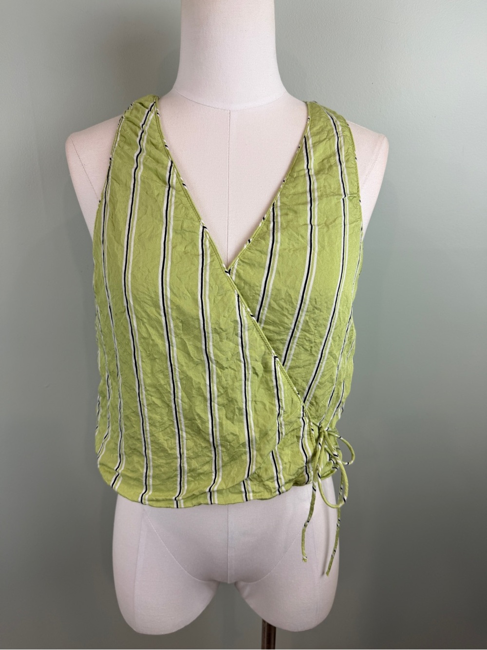 Zara lime green and white striped wrap vest top from textured crinkle fabric Sm.